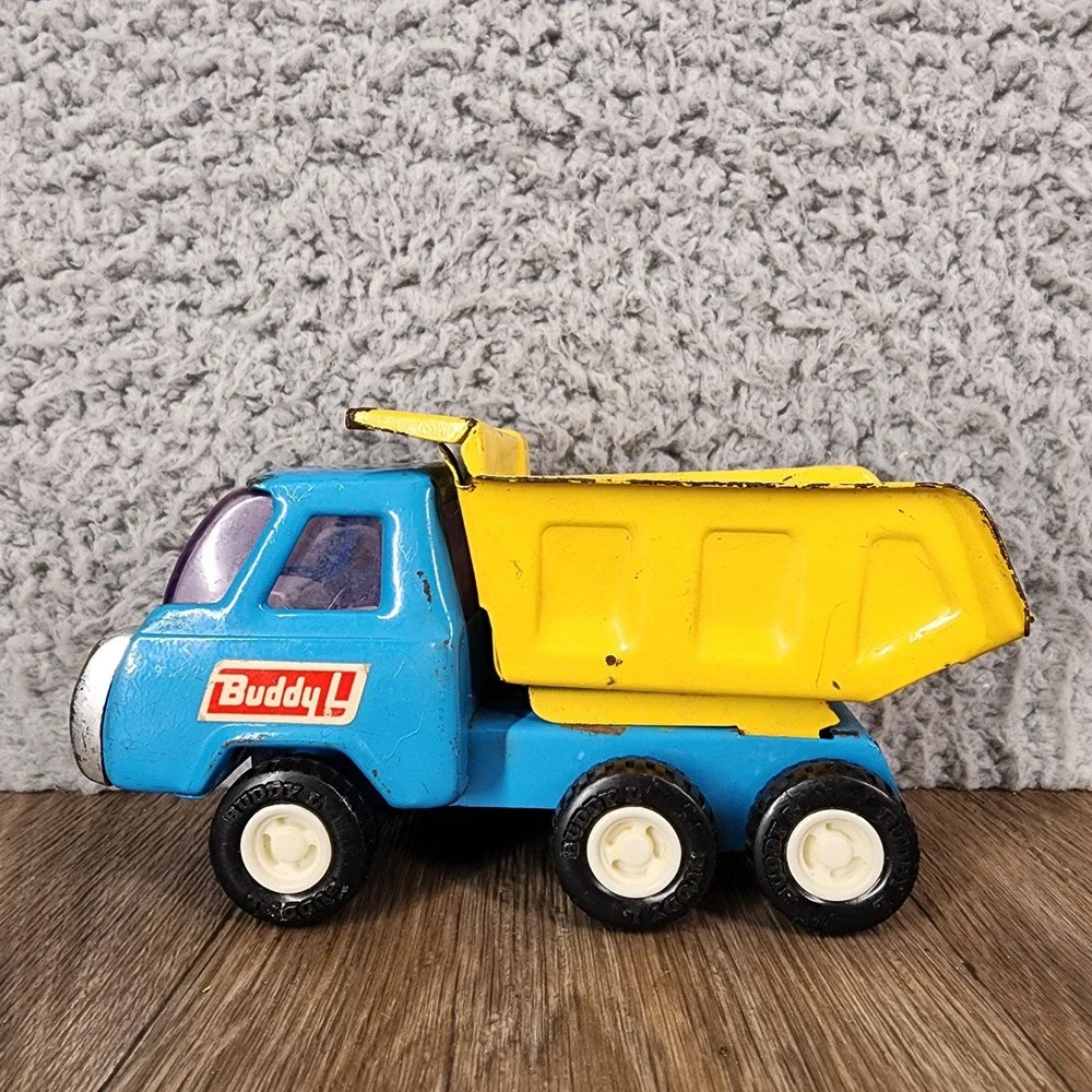Vintage Buddy L Japan Pressed Steel Dump Truck Blue‎ and Yellow 5.5 Inch Toy